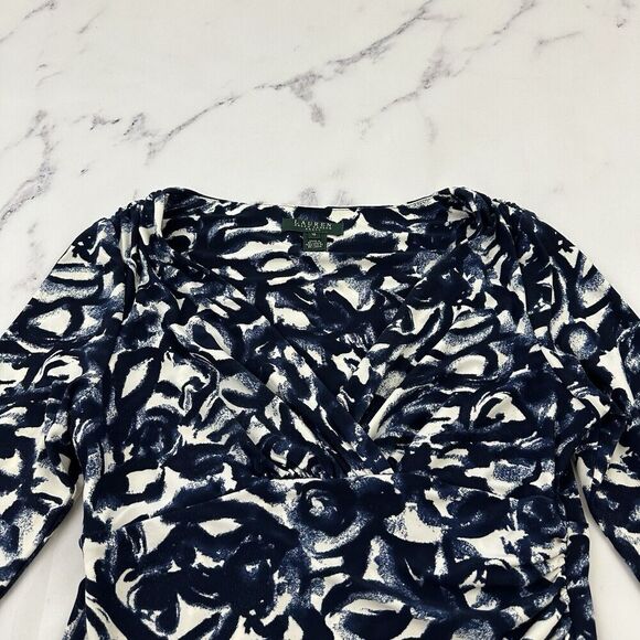 Lauren Ralph Lauren Womens Draped Sheath Dress Size 10 Blue White Stretch - Picture 2 of 10